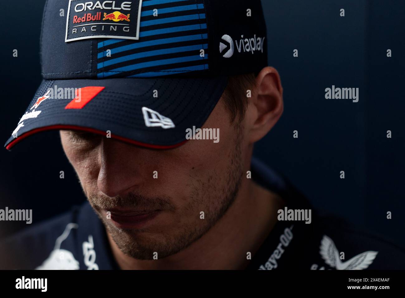 Miami Gardens, United States. 02nd May, 2024. Dutch Formula One driver Max Verstappen of Red Bull Racing listens to a question from a reporter prior to the Formula One Miami Grand Prix at the Miami International Autodrome in Miami Gardens, Florida on Thursday, May 2, 2024. Photo by Greg Nash/UPI Credit: UPI/Alamy Live News Stock Photo