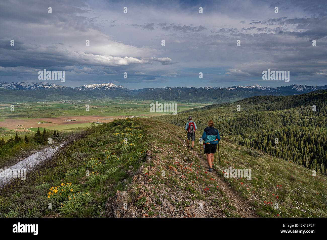 USA, Idaho. Couple hiking on trail in Big Hole Mountains with view of Teton Mountains and Valley. Stock Photo