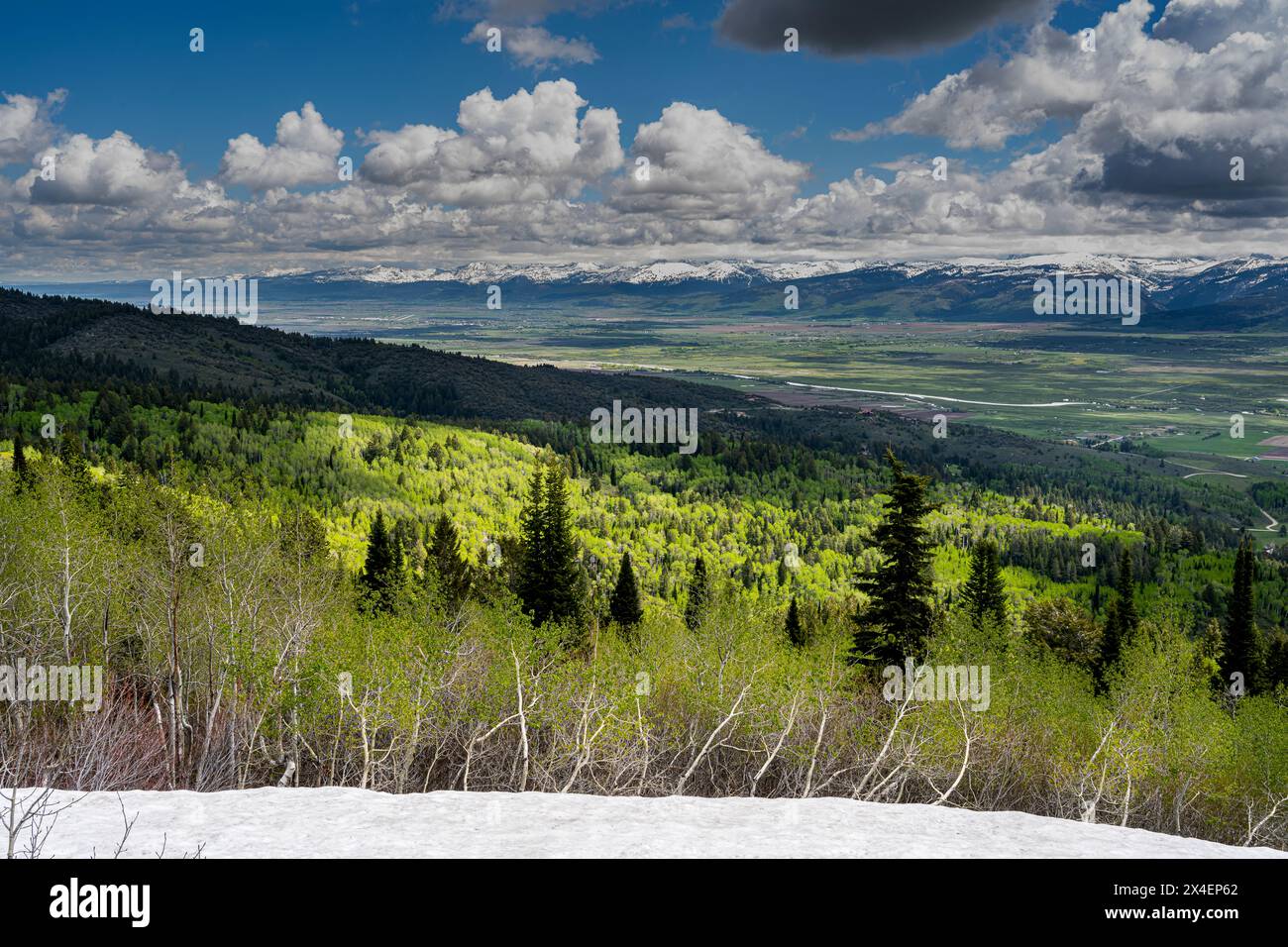 USA, Idaho. Spring landscape of Teton Valley from Big Hole Mountains Stock Photo