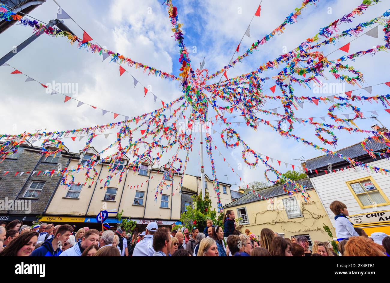 The 'Obby 'Oss festival maypole, a traditional annual folk festival taking place on 1st May in Padstow, a coastal town in North Cornwall, England Stock Photo