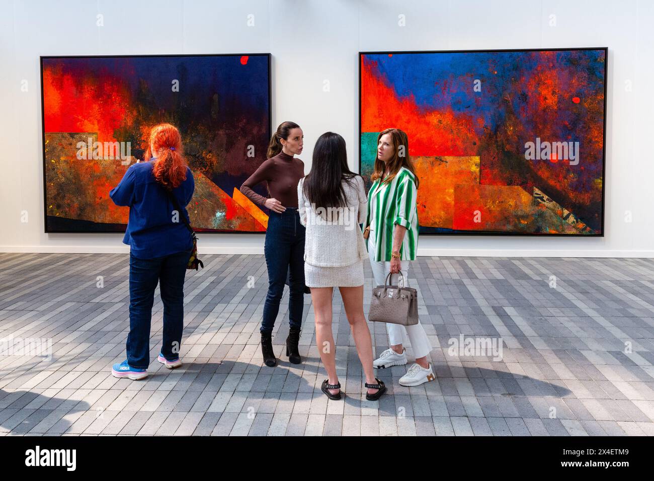 New York, NY, USA. 2nd May, 2024. The Frieze Art Fair, one of New York's largest and most prestigious spring art fairs, opened to the public in The Shed, in Hudson Yards, with galleries displaying contemporary art in several media. Paintings by Sterling Ruby shown by Gagosian. Credit: Ed Lefkowicz/Alamy Live News Stock Photo