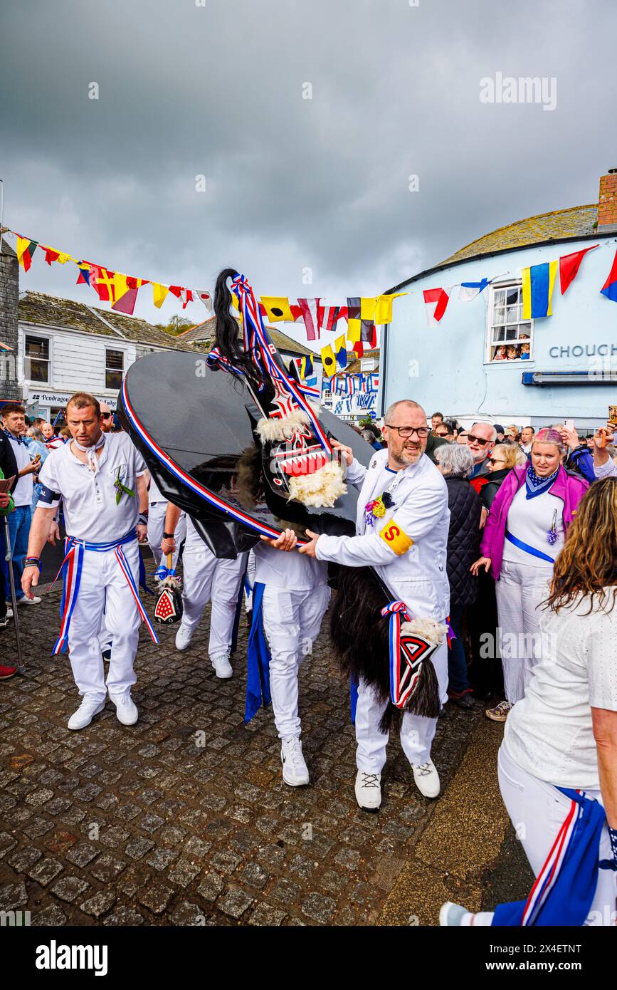 The Blue 'Oss at the 'Obby 'Oss festival, a traditional annual May Day folk festival in Padstow, a coastal town in North Cornwall, England Stock Photo