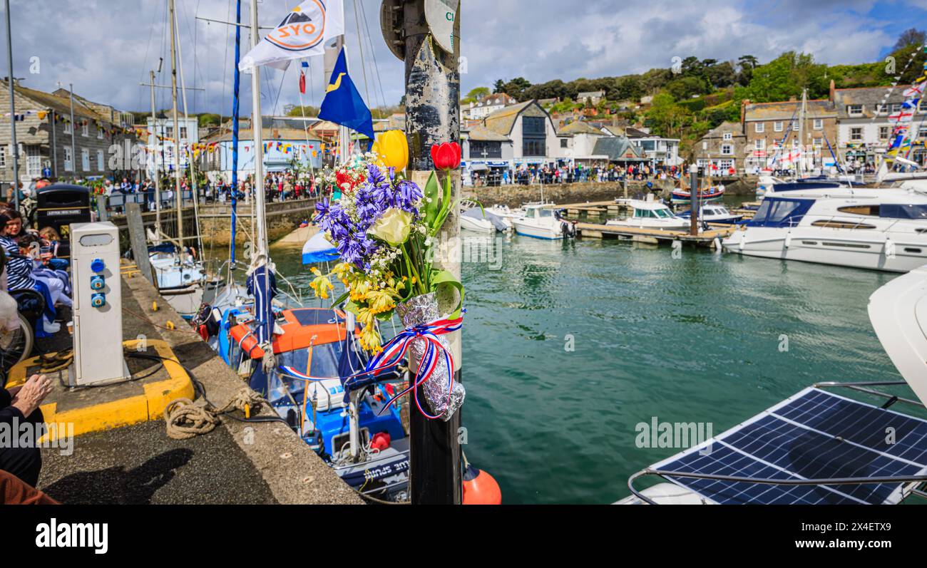Garland of bluebells and cowslips by the harbour for the 'Obby 'Oss