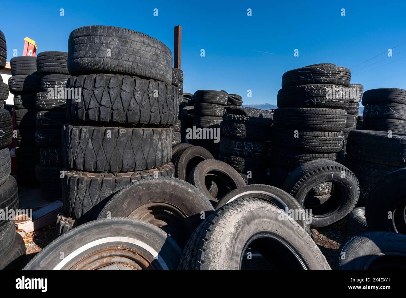 Stacks and piles of old tires designated for recycling. Pahrump, Nevada. Stock Photo
