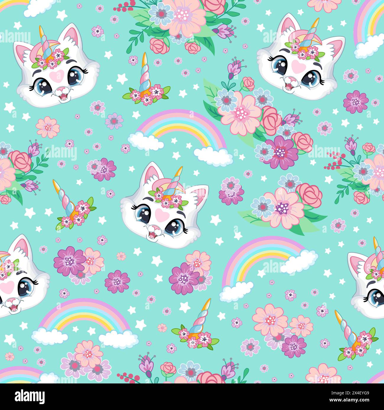 Cat unicorn head on a mint color background seamless pattern Stock Vector