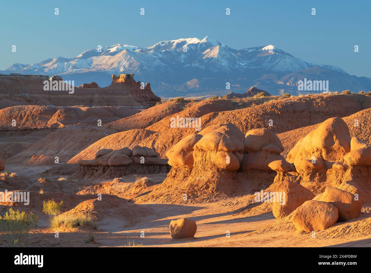 Whimsical hoodoos in Goblin Valley State Park, Utah. Henry Mountains are in the distance. Stock Photo