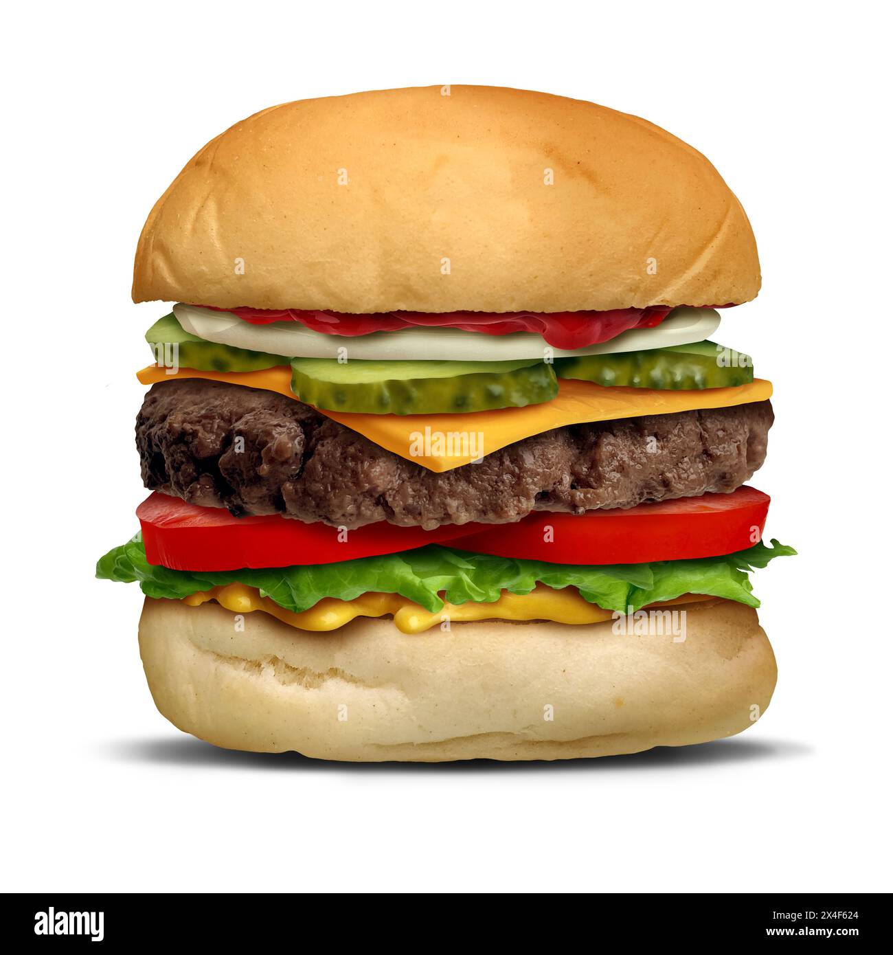 Perfect Hamburger as an American Burger all dressed with fresh toppings ingredients assembled for a perfect classic hamburger with a meat patty. Stock Photo