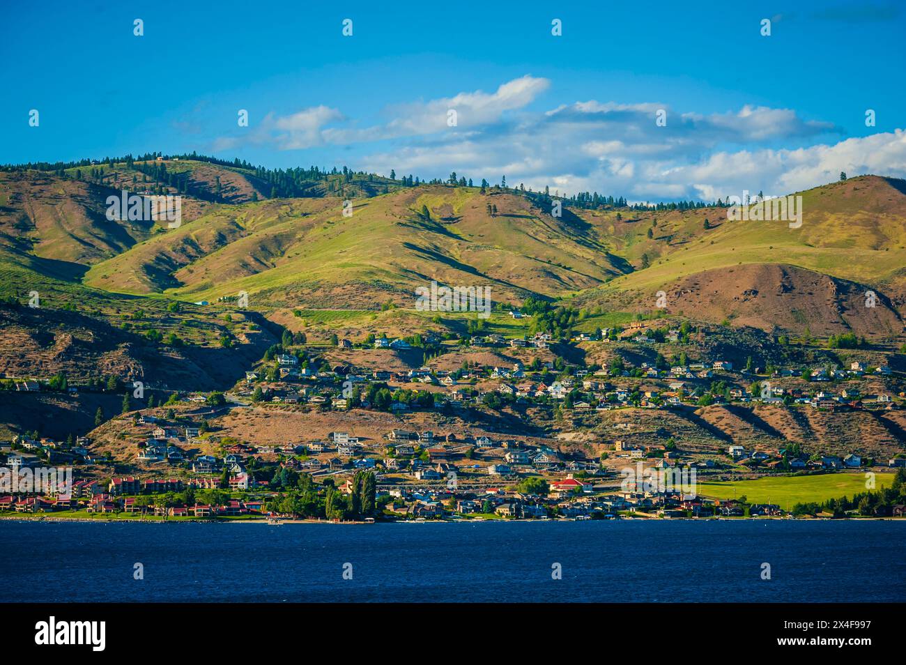 USA, Washington State, Lake Chelan. The view of Lake Chelan and the community from a winery. Stock Photo