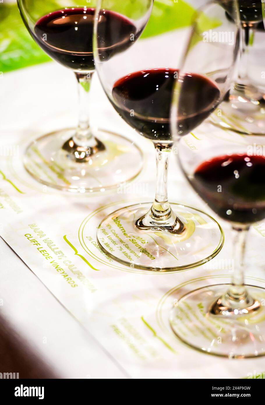 USA, Washington State, Walla Walla. A flight of Cabernet Sauvignon red wine at a wine tasting event in Walla Walla. (Editorial Use Only) Stock Photo