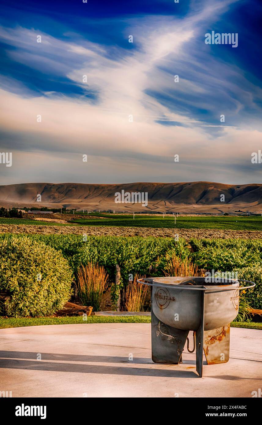 USA, Washington State, Yakima Valley. Sunset on Fidelitas Winery and estate vineyard, framed by the Horse Heaven Hills. (Editorial Use Only) Stock Photo