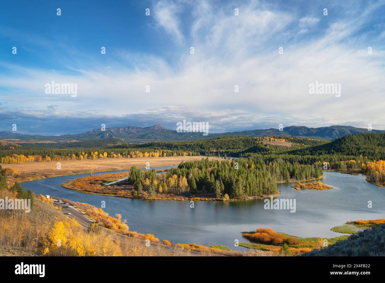 Fall color at Oxbow Bend of the Snake River, Grand Teton National Park, Wyoming. Stock Photo