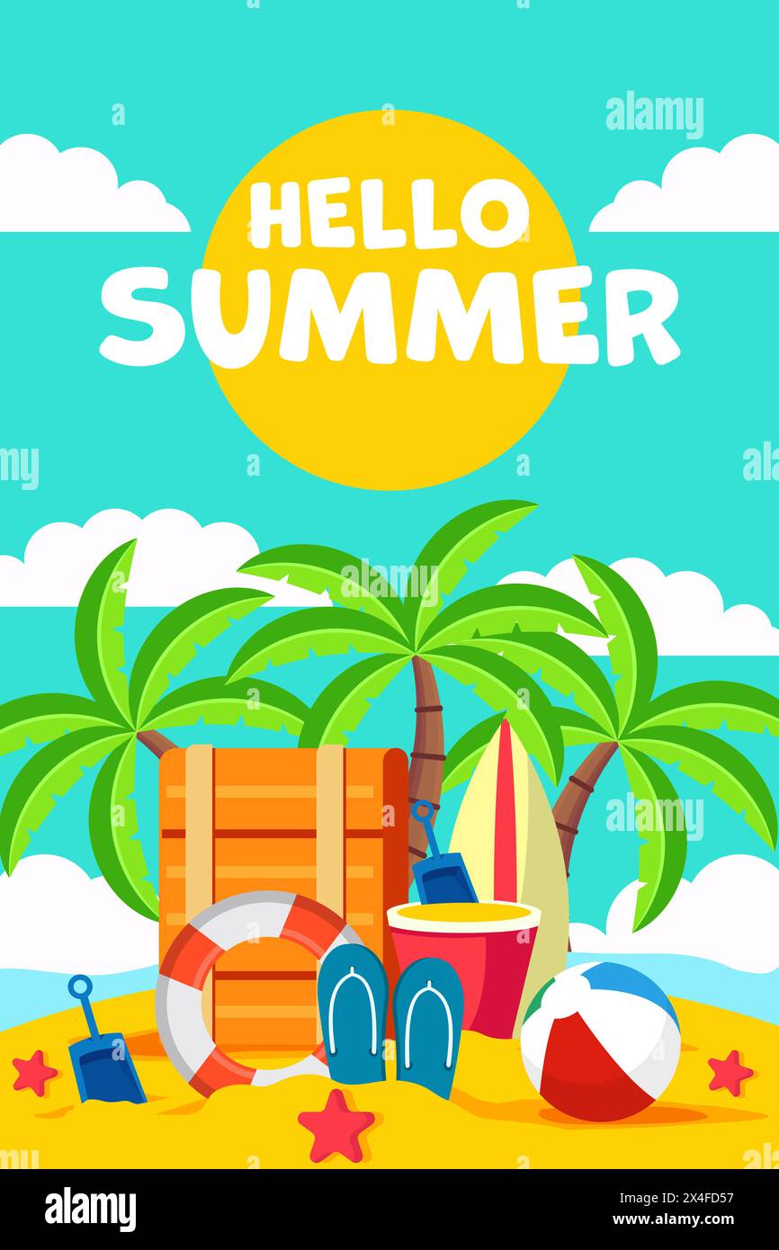 hello summer, vertical banner illustration in flat style Stock Vector