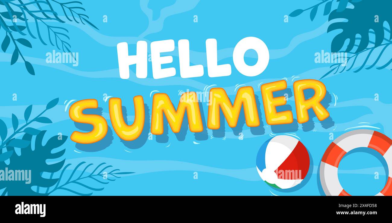 flat design hello summer horizontal banner illustration Stock Vector
