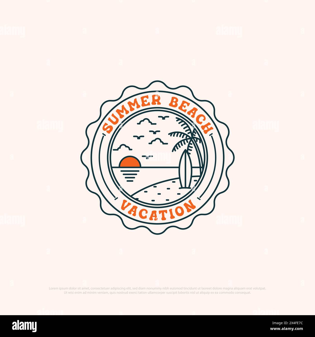 Summer vacation logo badge with line art simple vector minimalist illustration template, travel agency logo designs Stock Vector