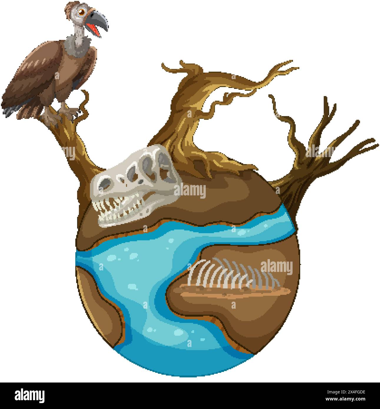 Vulture perched above water and skeletal remains. Stock Vector