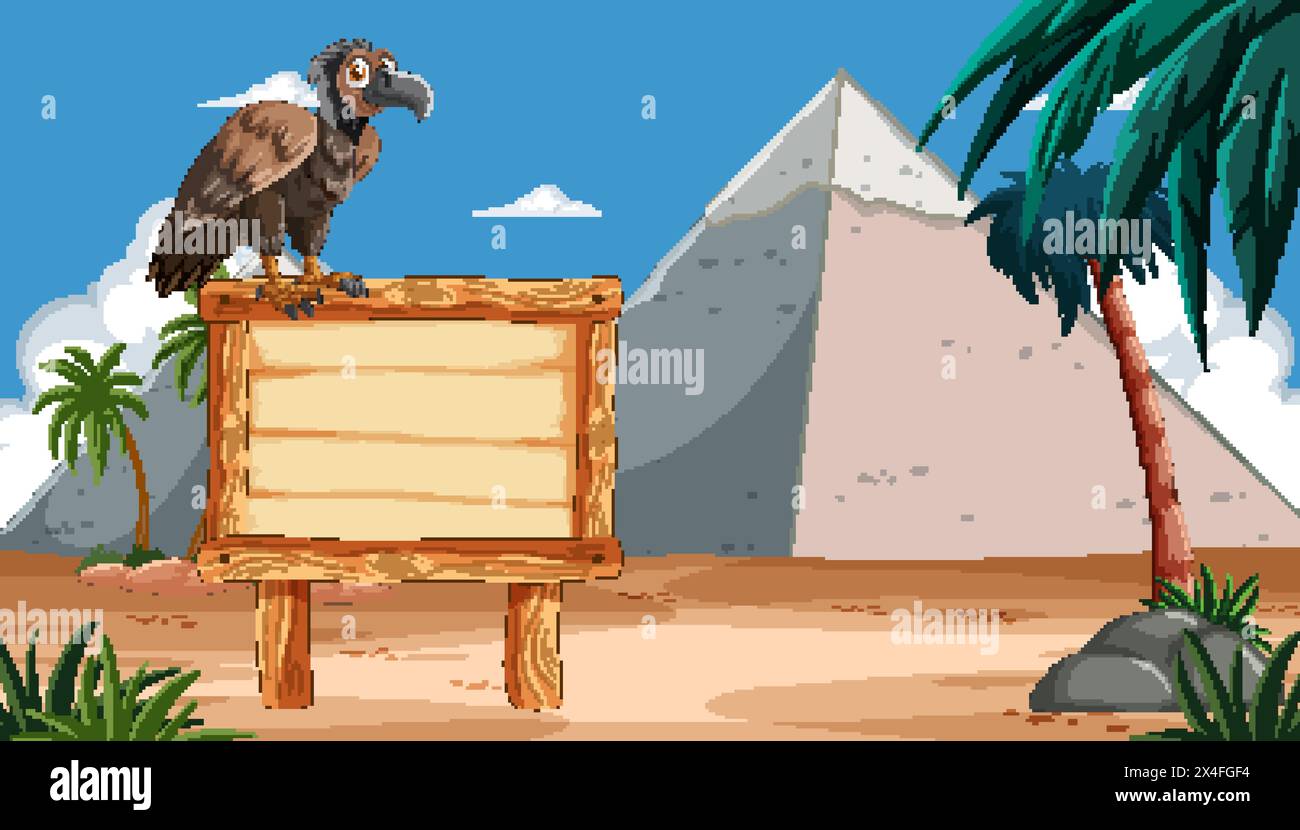Illustration of a vulture on a wooden sign in desert. Stock Vector