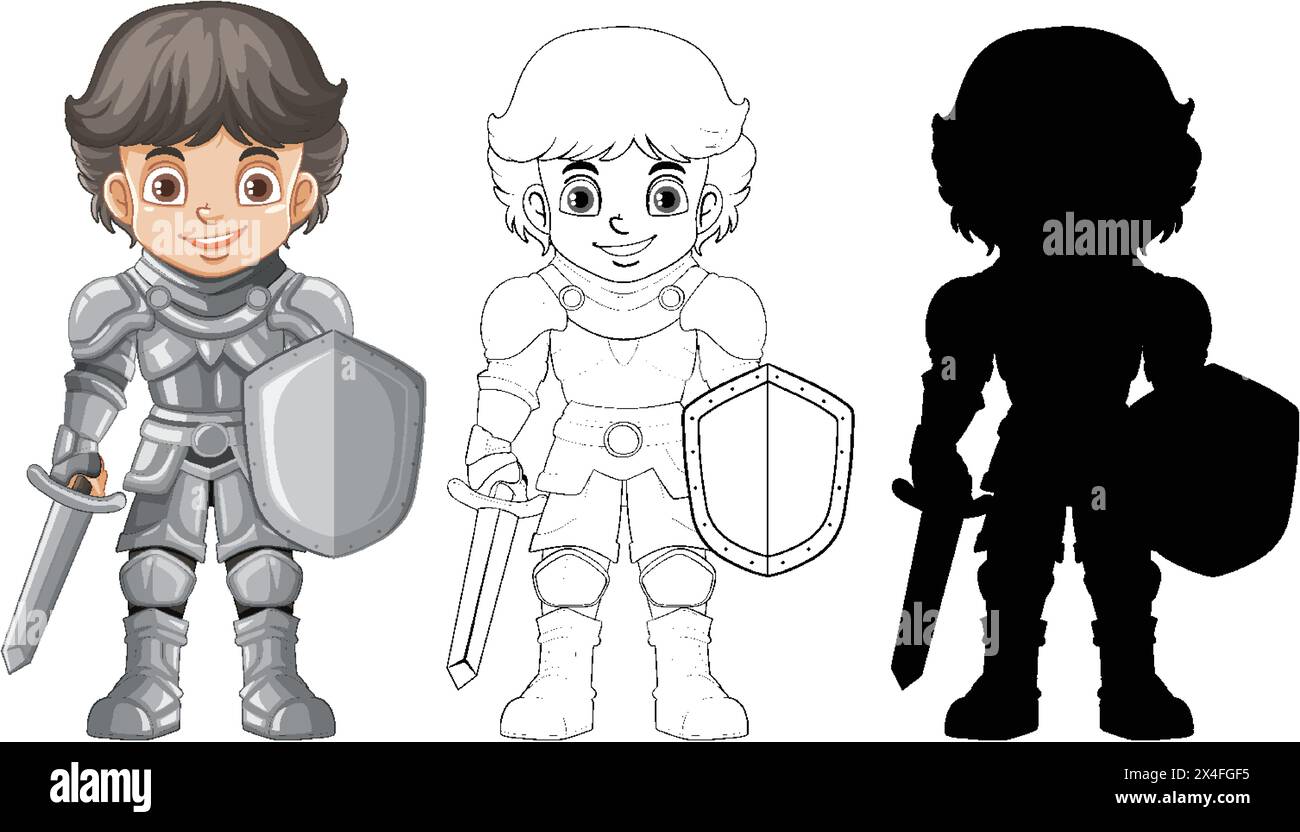 Vector illustration of knight in color, outline, and silhouette Stock ...