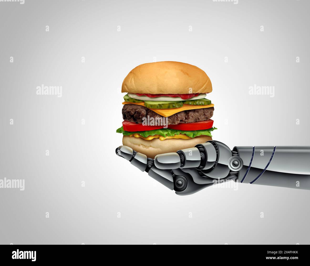 Robot Cooking and kitchen robotics as the future of preparing food as a hamburger created by a machine and computer software and Precision cooking. Stock Photo