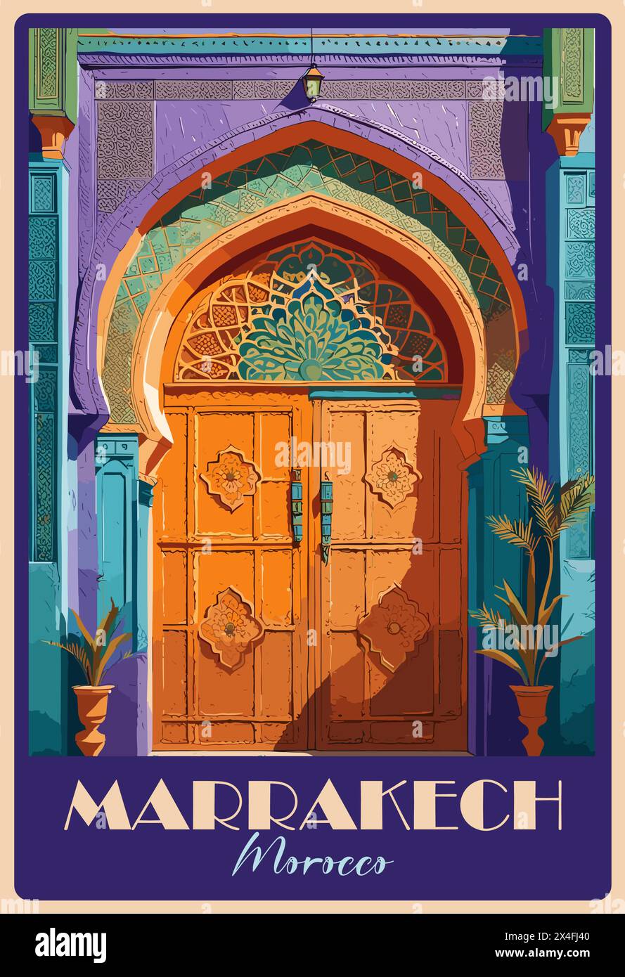 Marrakech, Morocco Travel Destination Poster in retro style. Ancient door digital print. Exotic summer vacation, holidays concept. Vintage vector colo Stock Vector