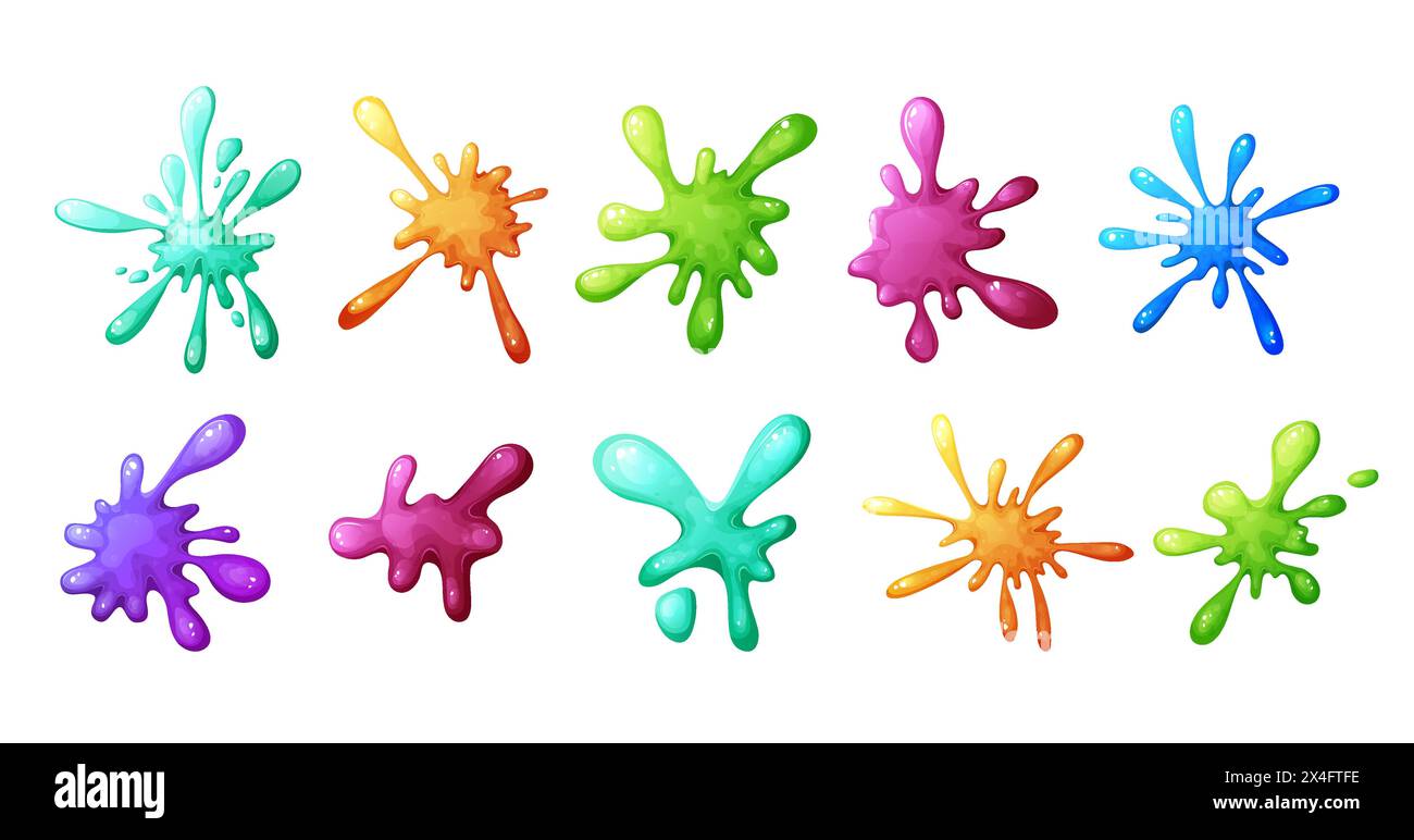 Set of Liquid colorful slime in cartoon style. Fluid mucus drip, splatter or splash isolated on white background. Sticky dribble down, toxic blot Stock Vector