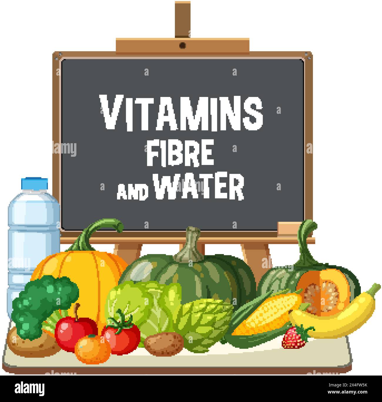 Illustration of fruits, vegetables, and water on a table Stock Vector ...
