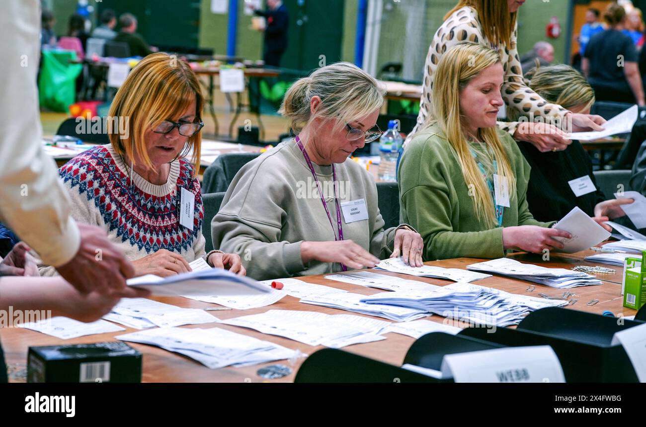 papers at counted for the Blackpool South by-election at Blackpool Sports Centre, Blackpool. The by-election was triggered after the resignation of Scott Benton. Picture date: Friday May 3, 2024. Stock Photo