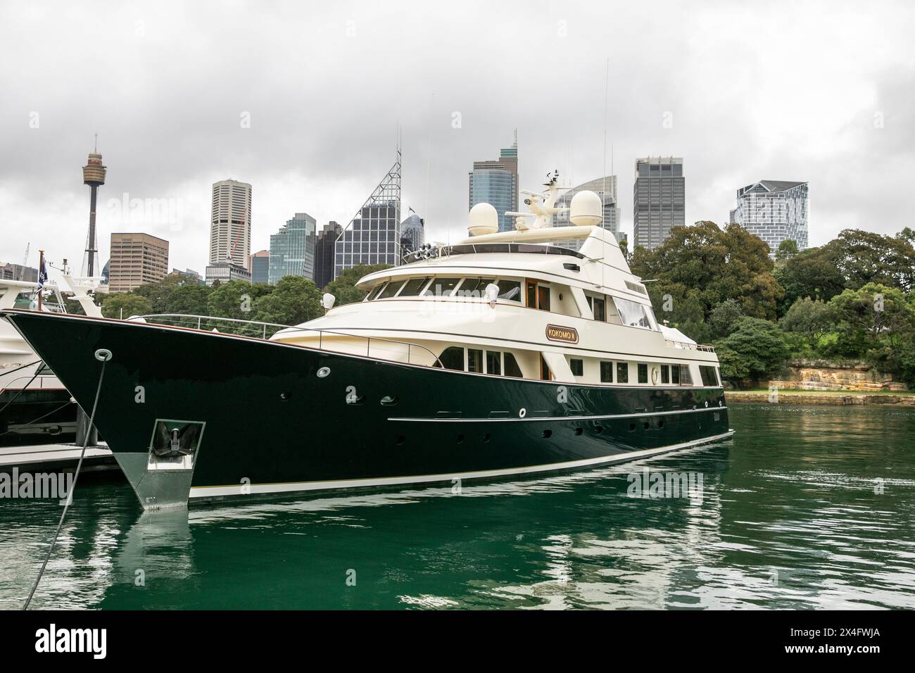 Kokomo II luxury motor yacht owned by the late Lang Walker, moored berthed at Woolloomooloo wharf in Sydney,NSW,Australia Stock Photo