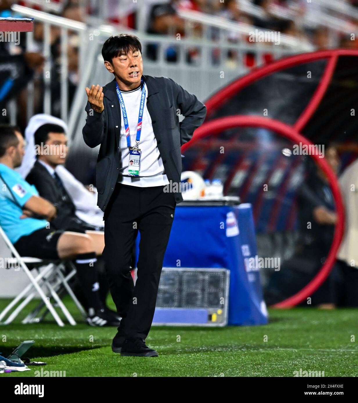Doha, Qatar. 2nd May, 2024. Shin Tae Yong, head coach of Indonesia, reacts during the third-place match between Iraq and Indonesia at AFC U23 Asian Cup Qatar 2024 football tournament in Doha, Qatar, May 2, 2024. Credit: Nikku/Xinhua/Alamy Live News Stock Photo