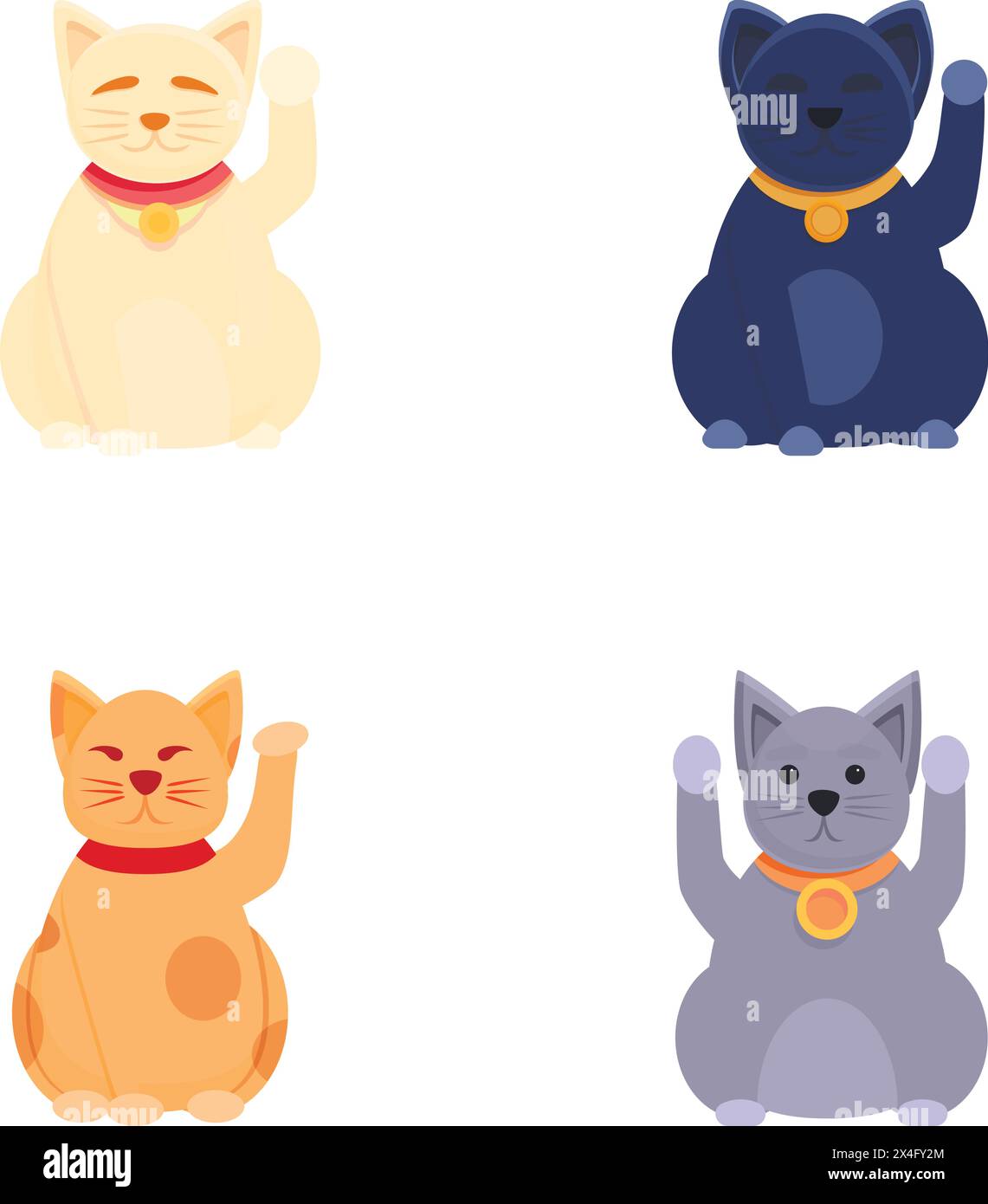 Maneki neko icons set cartoon vector. Japanese cat maneki neko with raised paw. Asian figurine for good luck Stock Vector