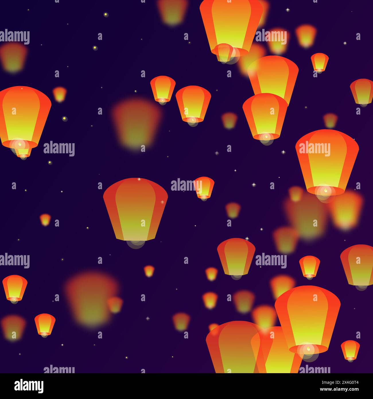 Sky lanterns floating in the night sky. Thailand holiday with paper lantern lights flying in the