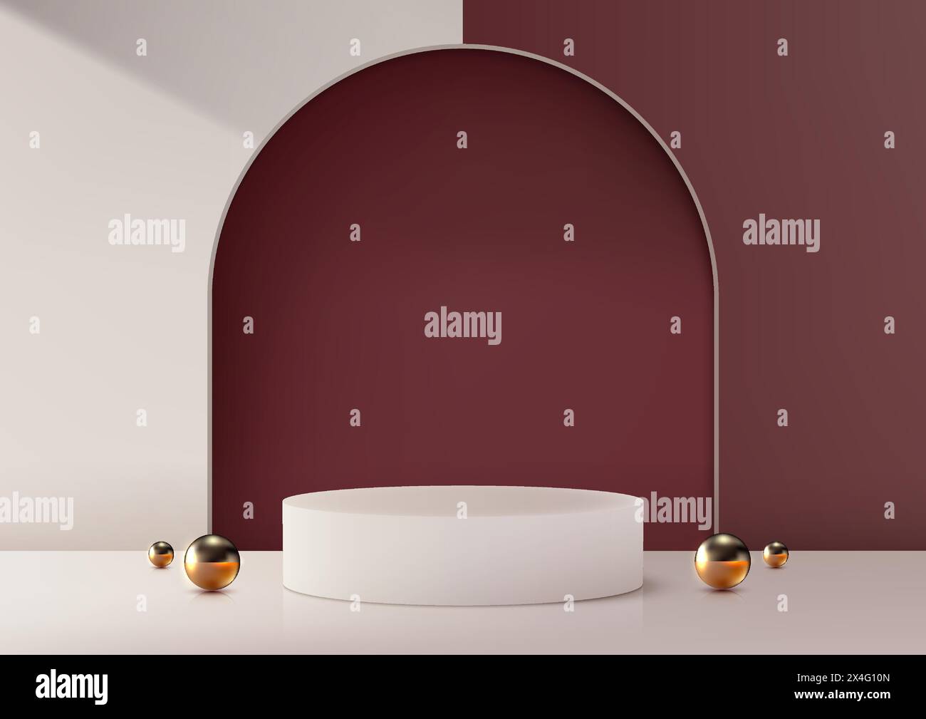 3D white cylinder podium with gold balls accents sits on a red and white wall with an archway, luxury concept, product display, mockup, showroom, show Stock Vector