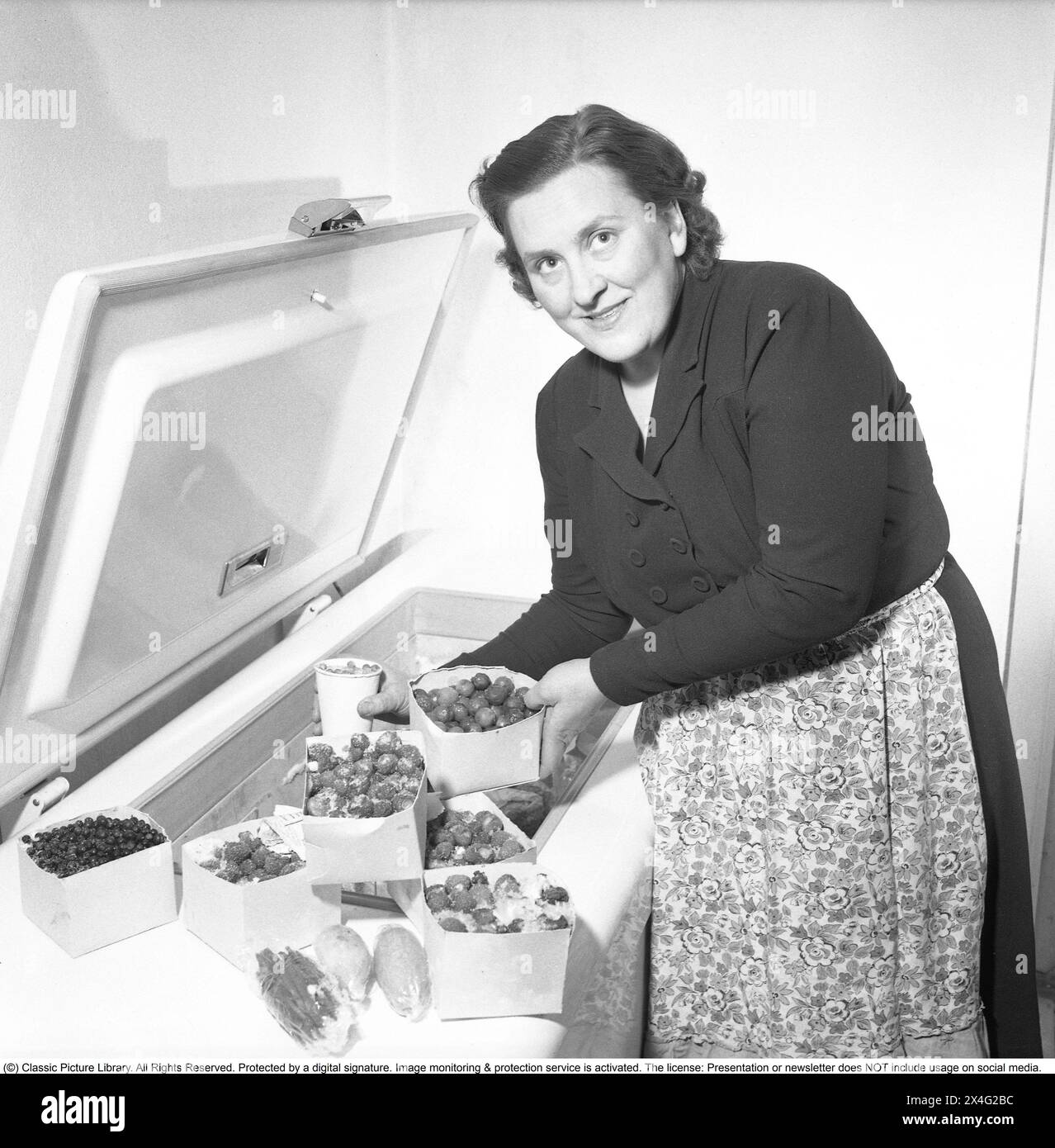 A woman at a freezer with frozen berries and vegetables of different kinds. Deep-frozen food would be the start of a revolution in household habits and food storage. Many were sceptical, and especially canned food manufacturers considered frozen food to be a passing trend.  1952. Conard ref 1978 Stock Photo