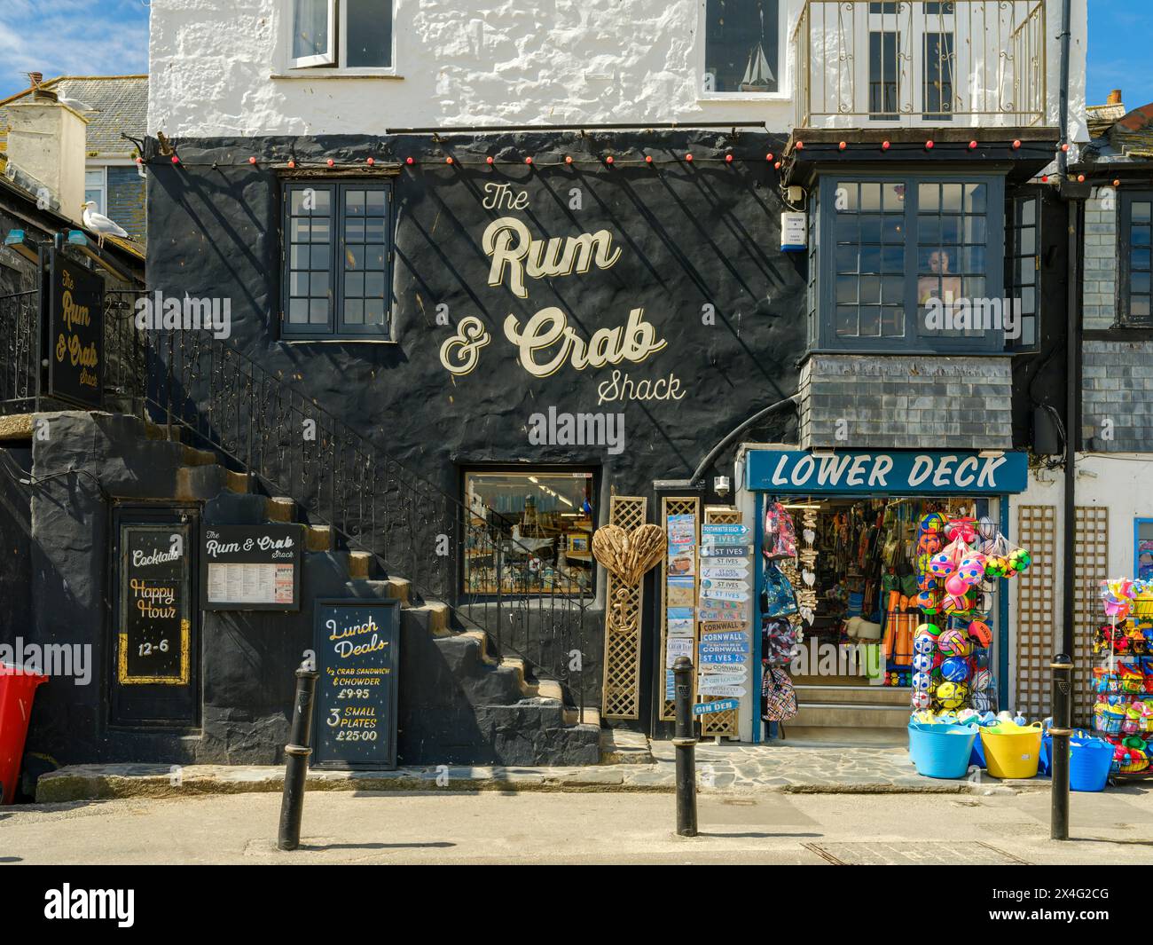 The Rum & Crab Shack is a restaurant with a  gift shop below, situated on the seafront at St Ives in Cornwall. Stock Photo