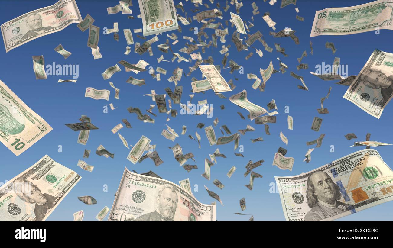 Money rain (US Dollar notes) from a blue sky Stock Photo
