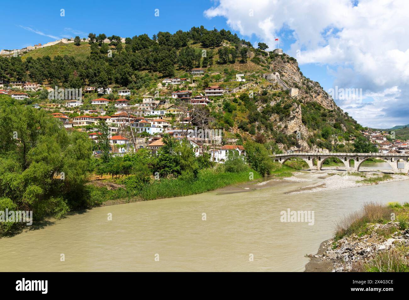 View including Berat Castle and Ottoman period Gorica bridge crossing River Osum, Berat, Albania, Europe Stock Photo