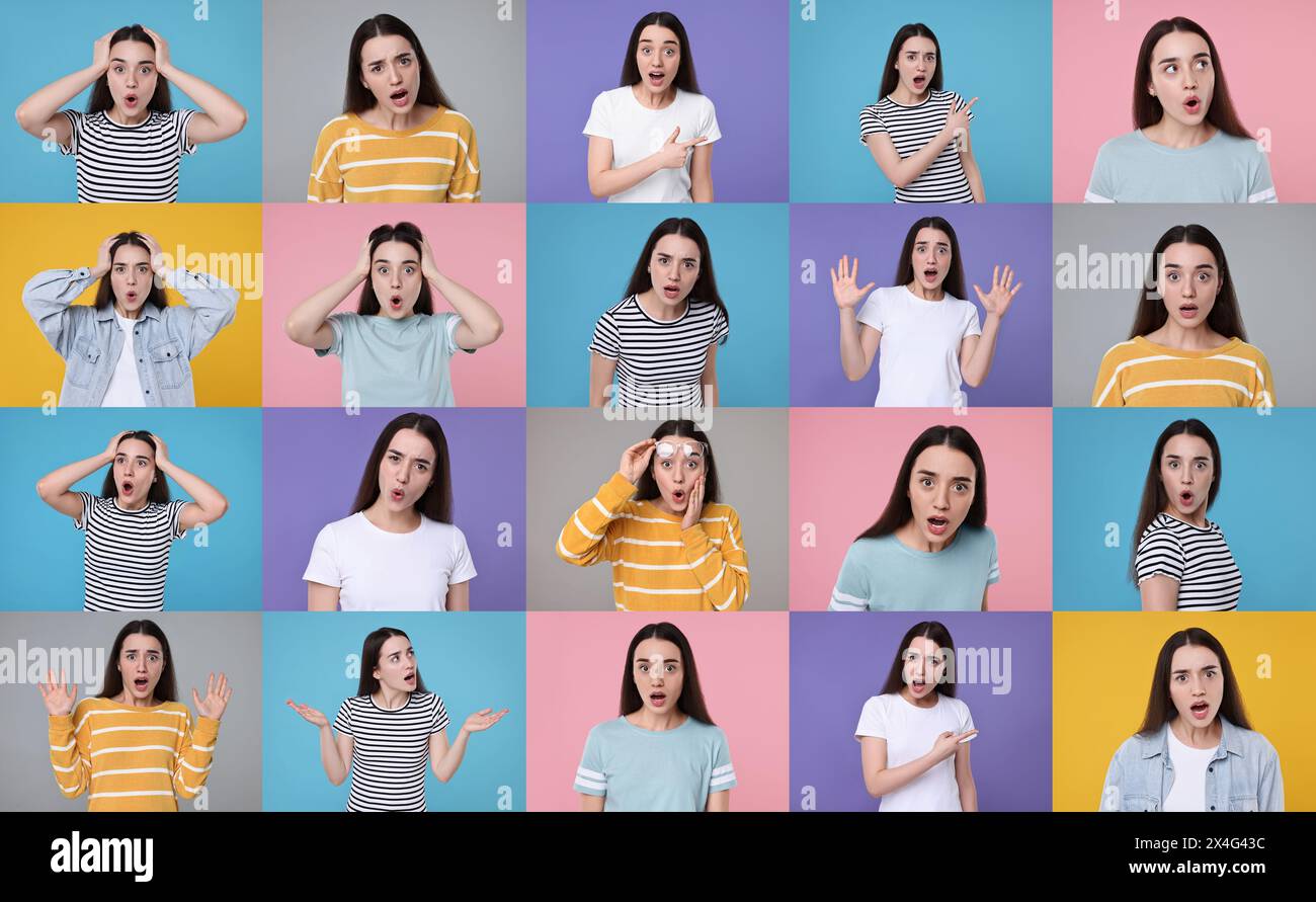 Collage with photos of surprised woman on different color backgrounds ...