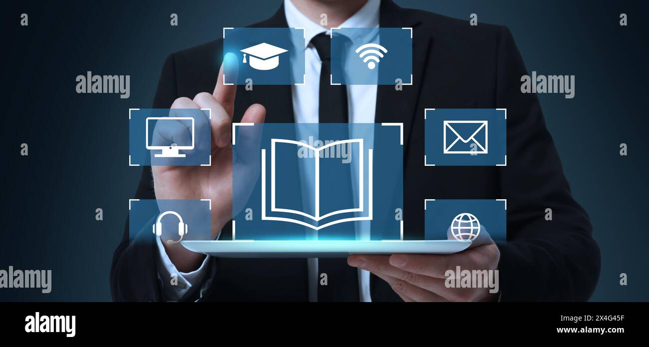 Webinar, banner design. Man using virtual screen over tablet on dark background, closeup Stock Photo