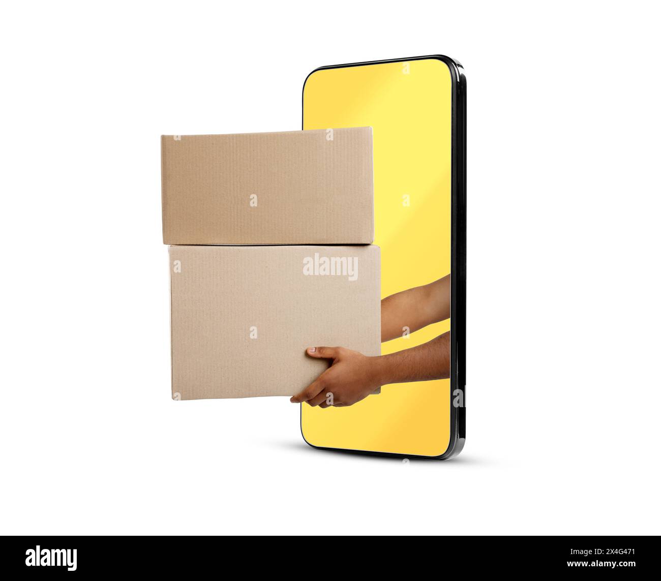 Courier passing parcels through smartphone on white background. Delivery service Stock Photo