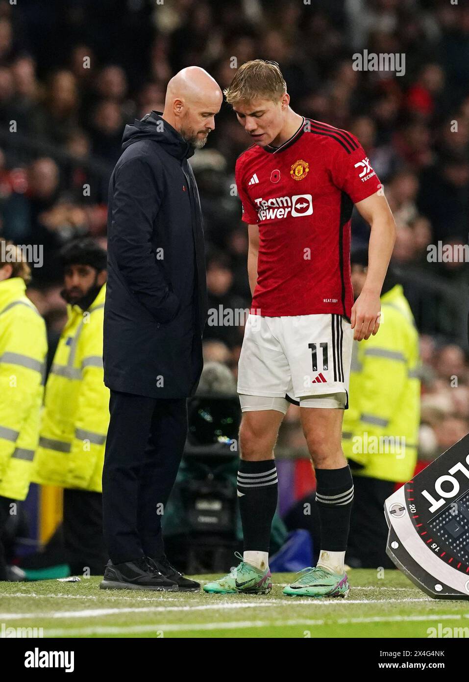 File photo dated 11/11/23 of Manchester United's Rasmus Hojlund and manager Erik ten Hag, who wanted to sign Harry Kane but the Manchester United boss is convinced that Rasmus Hojlund will deliver on his potential. Issue date: Friday May 3, 2024. Stock Photo