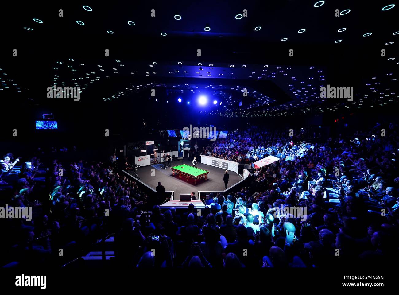 A general view inside the Crucible Theatre, Sheffield ahead of play on day fourteen of the 2024 Cazoo World Snooker Championship. Picture date: Friday May 3, 2024. Stock Photo