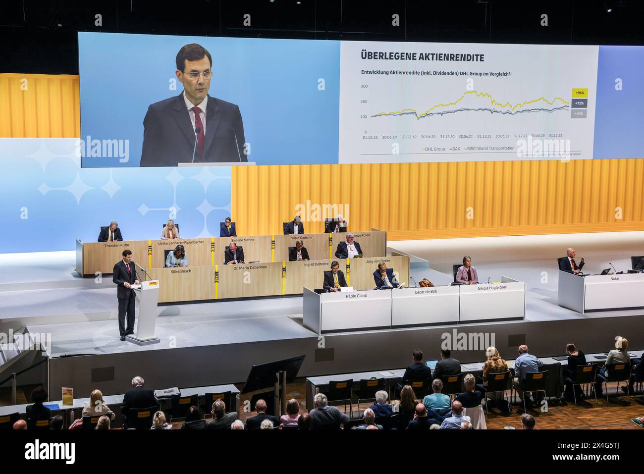 Bonn, Germany. 03rd May, 2024. Shareholders of Deutsche Post DHL Group follow the Annual General Meeting. Deutsche Post AG holds its Annual General Meeting. The company has changed its name to DHL, except on the stock exchange, where it is still called Deutsche Post AG. Credit: Oliver Berg/dpa/Alamy Live News Stock Photo