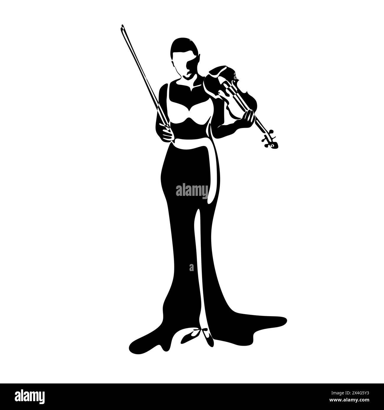 Violinist isolated vector black and white silhouette. Musician standing and playing violin on white background Stock Vector