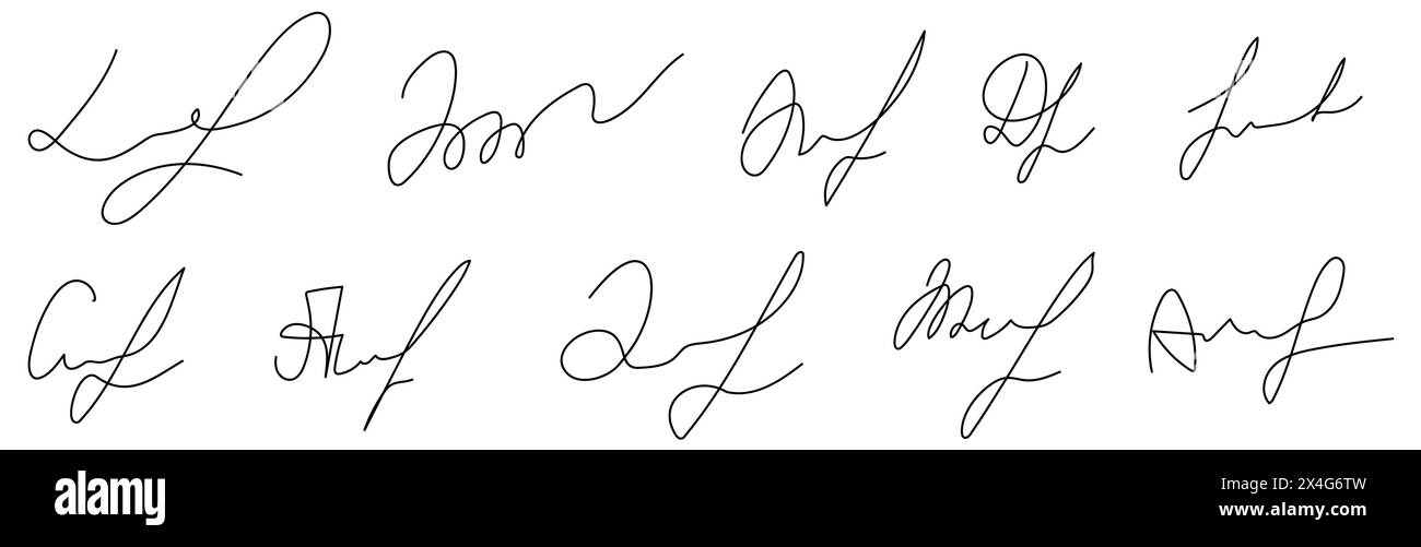 Fake hand written signatures. Different example signatures isolated in white background Stock Vector