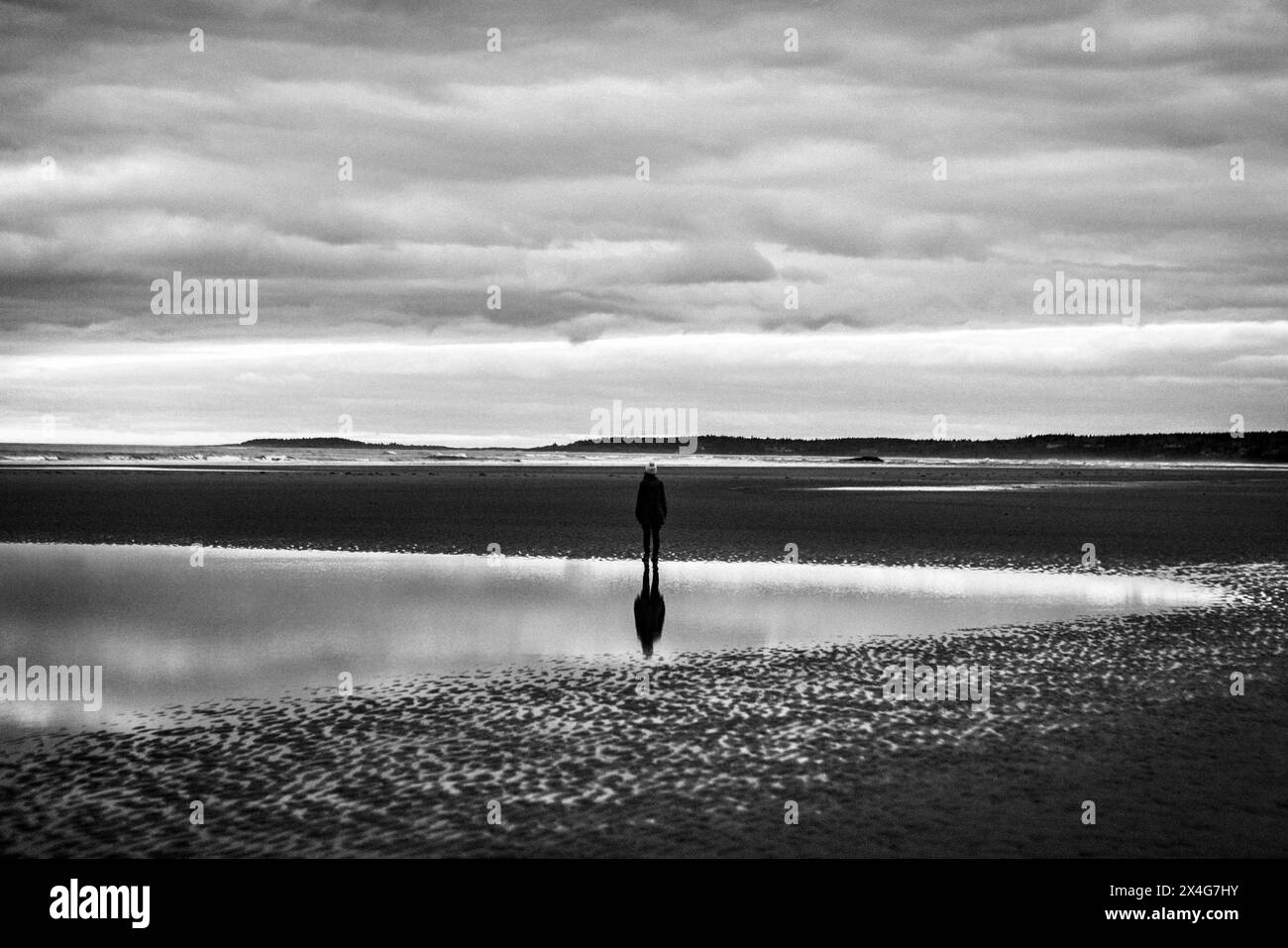 Person reflected in tide pool on cloudy day, Popham Beach, Maine Stock