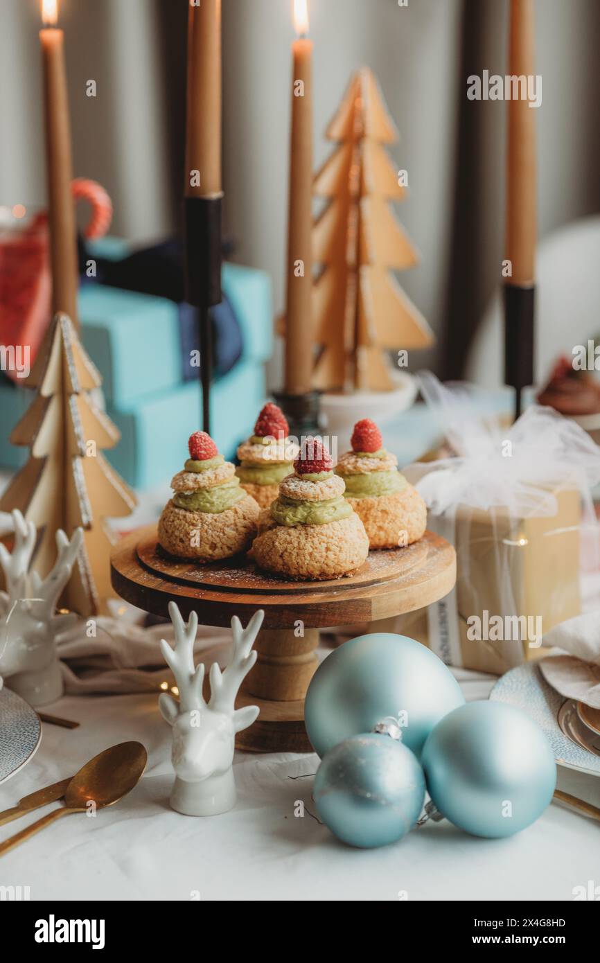 four-pistachio-raspberry-paris-brests-festive-holiday-desserts-stock