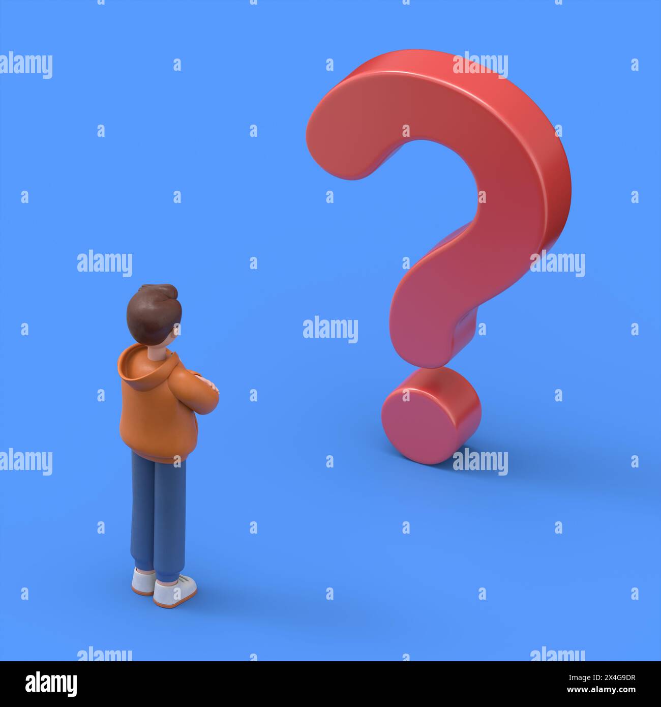 3D illustration of male guy Qadir faces a big red question mark, solution to a problem or task.3D rendering on blue background. Stock Photo