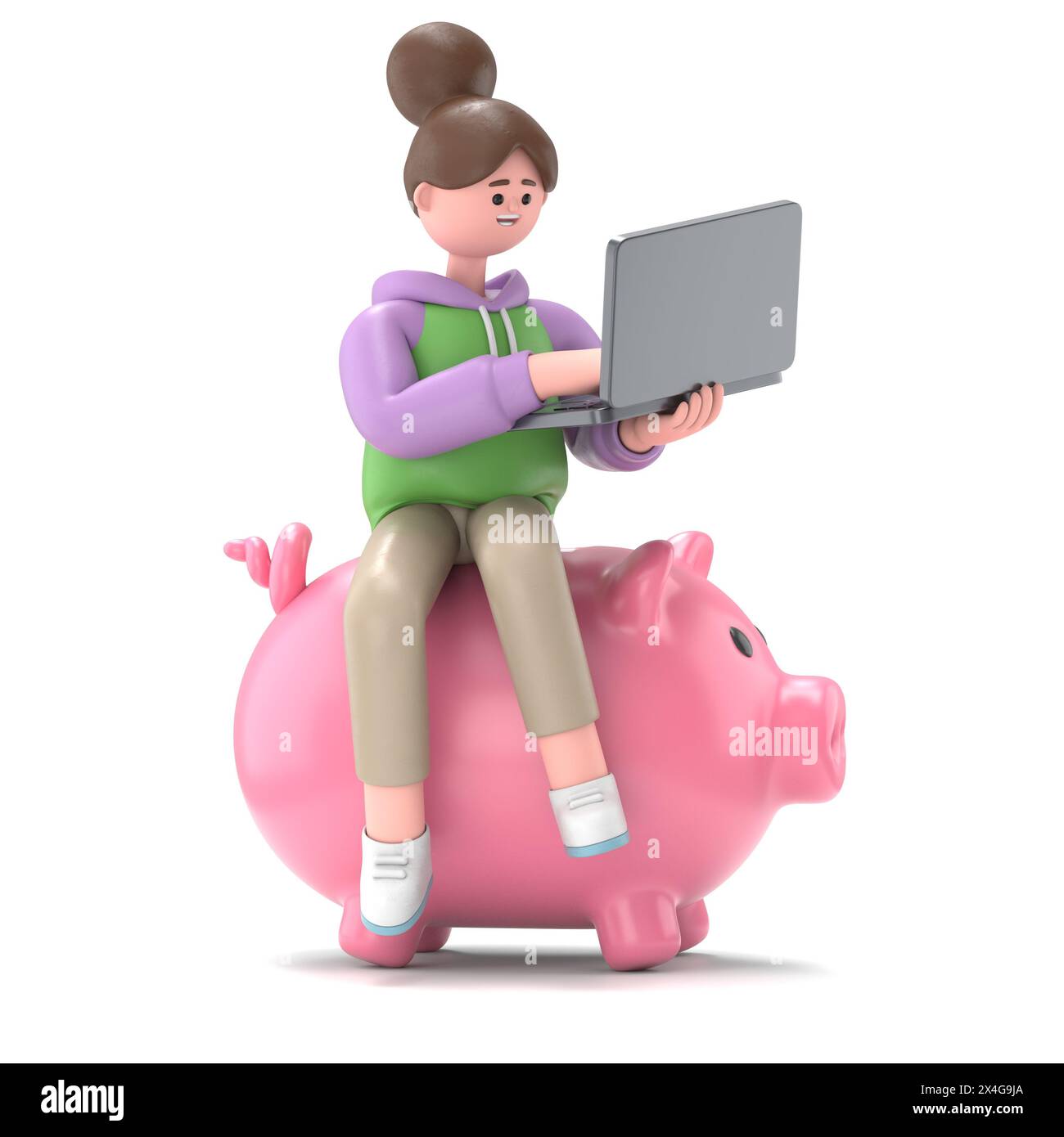 3D illustration of Asian girl Renae sitting with Laptop Notebook on Piggy Bank Funds isolated on White Background 3D illustration. 3D people collectio Stock Photo