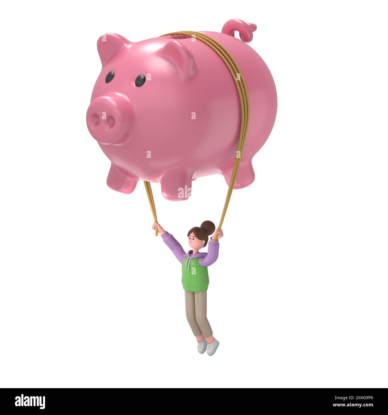 Flat 3d isometric financial freedom concept web infographics 3D illustration. 3D illustration of Asian girl Renae fly piggy bank inflating balloon. Cr Stock Photo