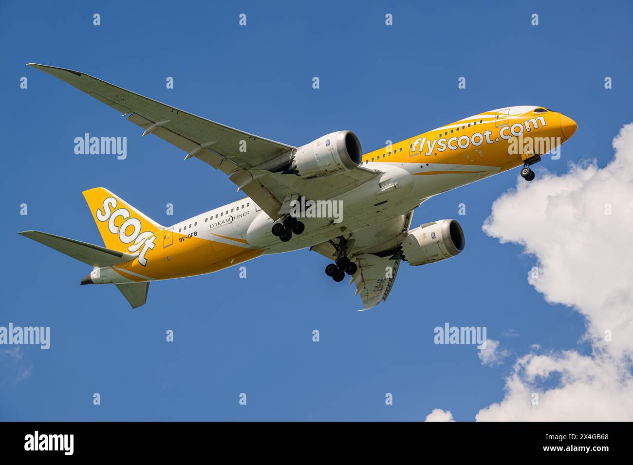 Scoot, Boeing 787-8 Dreamliner, 9V-OFB, on final approach to Singapore Changi airport Stock Photo