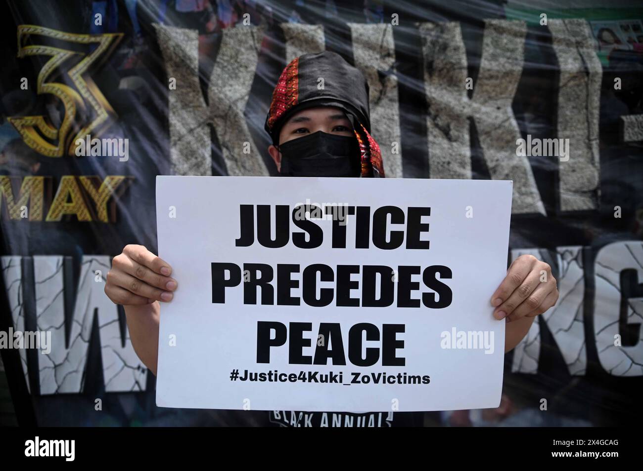 Delhi, New Delhi, India. 3rd May, 2024. Kuki-Zo Protestors hold placards of hundreds of victims killed in Manipur violence last year in New Delhi, India on 3 May, 2024 (Credit Image: © Deep Nair/ZUMA Press Wire) EDITORIAL USAGE ONLY! Not for Commercial USAGE! Stock Photo